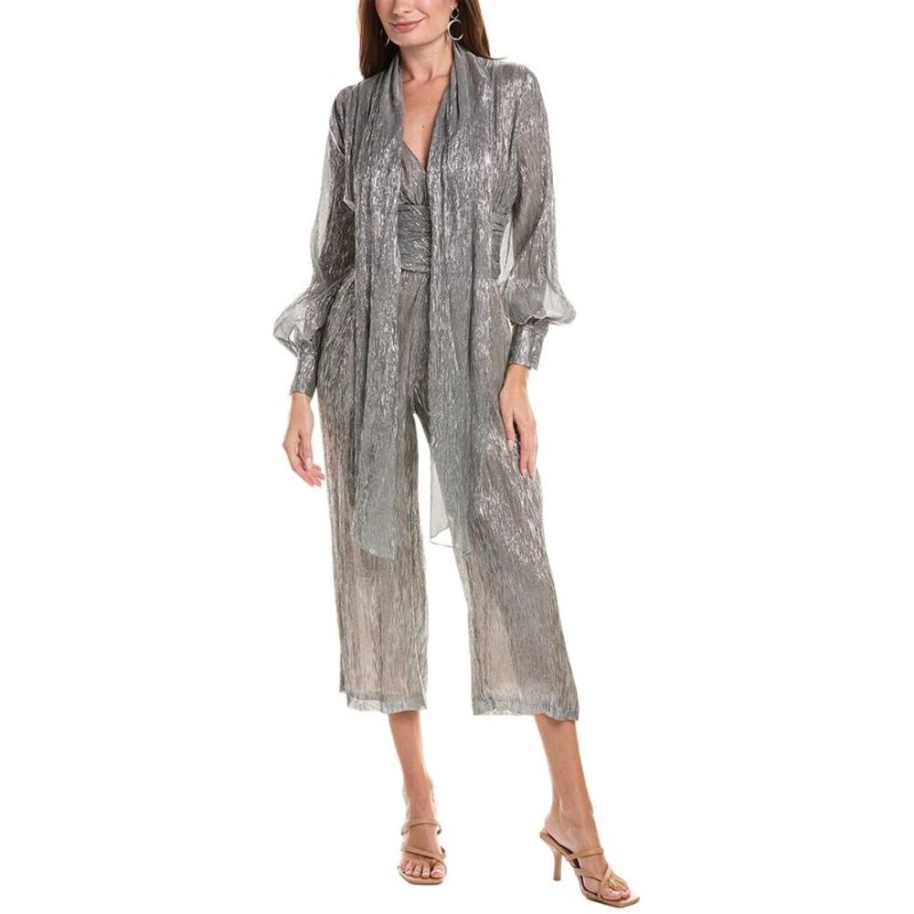 Oscar De La Renta Womens V-Neck Lamé Silk-Blend Jumpsuit, Grey